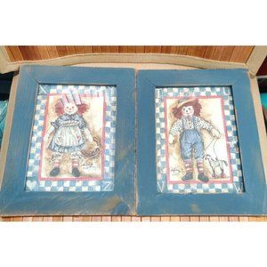 Set of VTG Rustic Signed Raggedy Ann & Raggedy Andy Blue Wooden Framed Prints